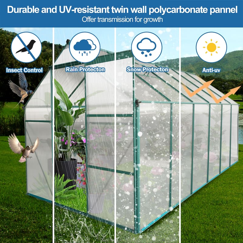 GDF Studio - Laussat Outdoor Aluminum Polycarbonate Greenhouse with Raised Base and Walk-In Design