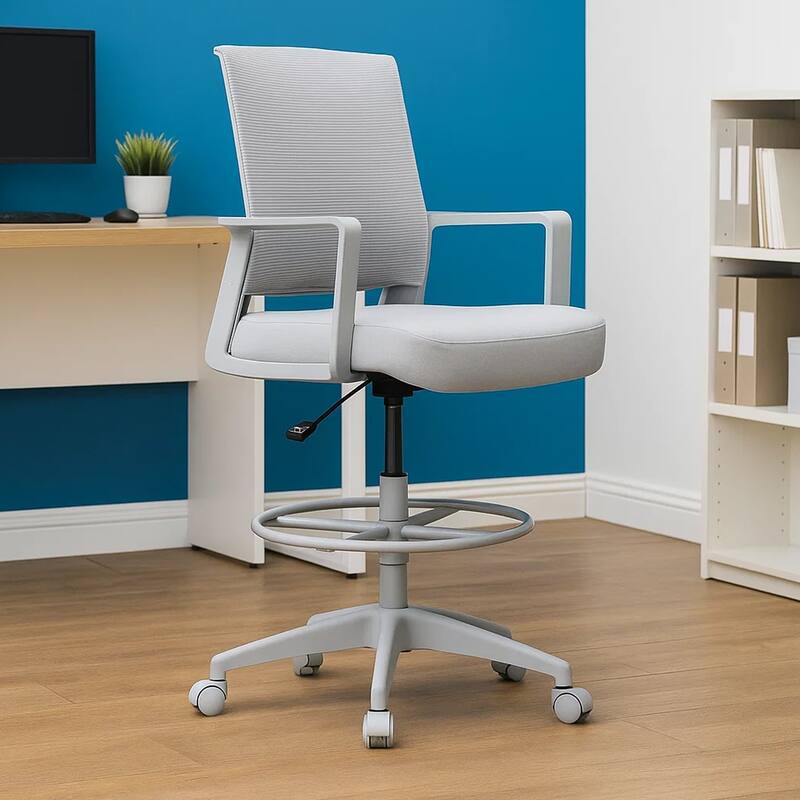 Swivel Drafting Stool, Fixed Arms, Gray Mesh Back, Chrome Footring