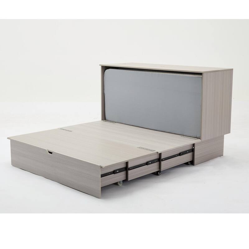 Queen Cabinet Bed with Storage, Folding Mattress, USB Ports, Space-Saving Design, Gray