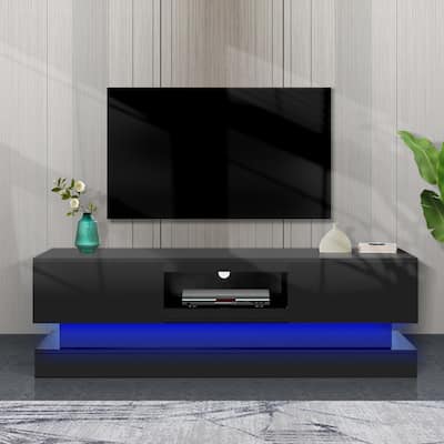 Black 51.18" TV Stand with 2 Large Storage Drawer and LED Lights for TVs Up to 65"
