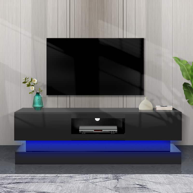 Morden TV Stand with LED Lights,high glossy front TV Cabinet,can be assembled in Lounge Room - 62 inches - Black