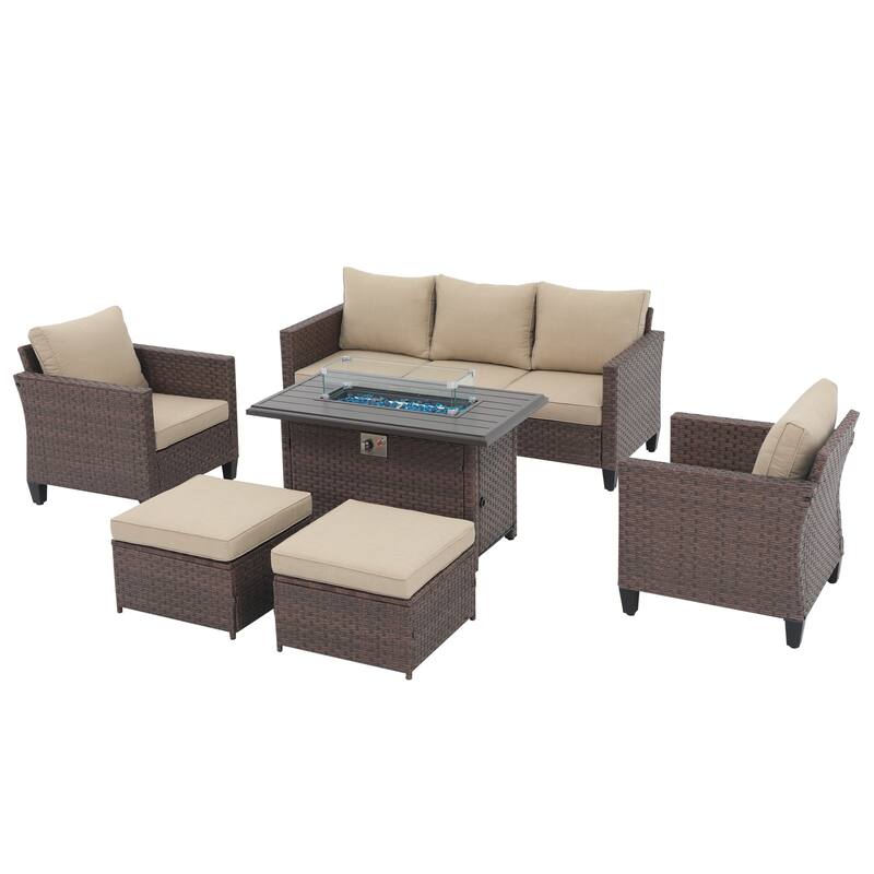 Outdoor 6 Pieces Wicker Sectional Sofa Set with Fire Pit Table