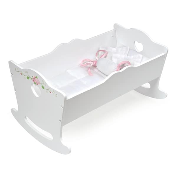 slide 2 of 11, Badger Basket Doll Cradle with Bedding and Free Personalization Kit - White Rose - 21" x 13" x 12"