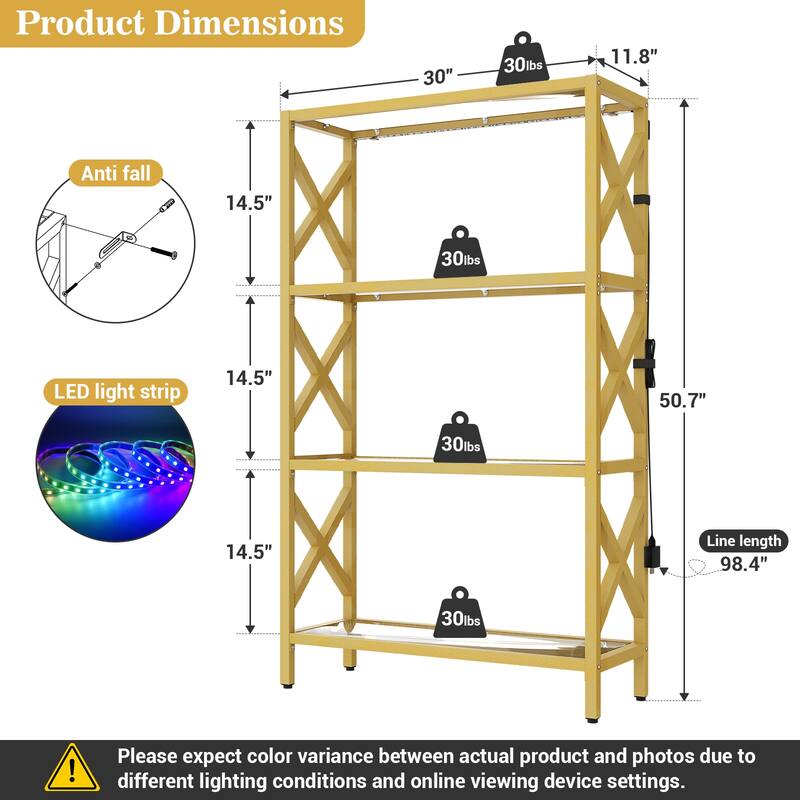 Modern Gold Bookshelf with Tempered Glass Shelves, 3-5 Tires Display Storage Shelving