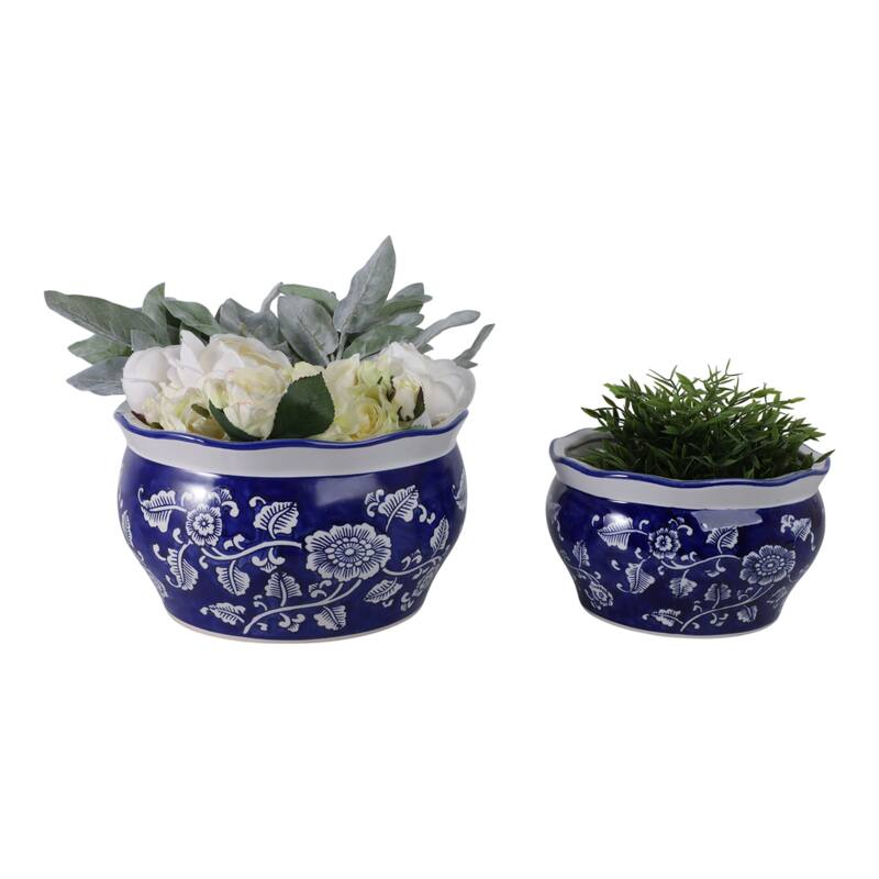 Stoneware Ceramic Chinoisere Planters with Scalloped Edges (Set of 2)