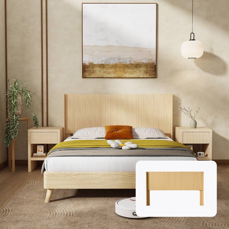 Wood Headboard Queen Size, 64.4" Wide Wooden Queen Headboard Only, Modern Farmhouse Headboards,Wall Mounted Fluted Panel - Light Natural