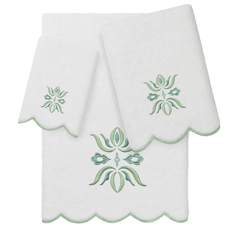 Authentic Hotel and Spa 100% Turkish Cotton FLOWER CREST Scallop Towel Collection - White/Green - 3 Piece Set
