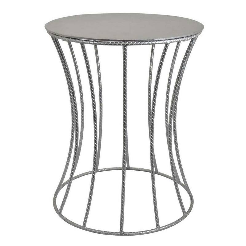 Ema 21 Inch Plant Stand, Round Top, Slatted Geometric Frame, Silver Finish