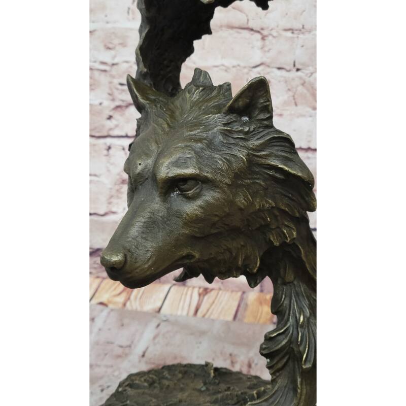 Howling Wolves Bronze Sculpture – Striking Dual Imitative Wolf Heads On Marble Base