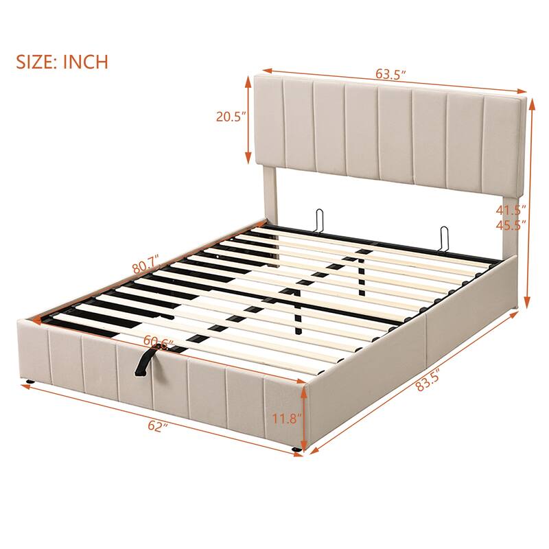 Hydraulic Lift Up Storage Bed, Linen Upholstered Platform Bed Frame with Vertical Panel Headboard, Wooden Slat Support