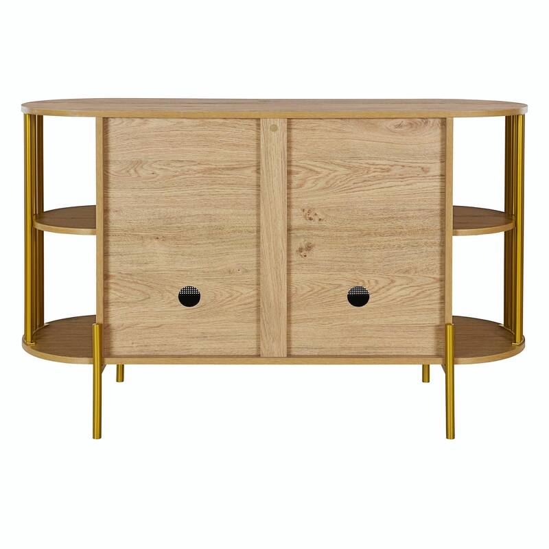 2-Door Curved Dining Cabinet - Elegant with Gold Trim and Woven Rattan Doors
