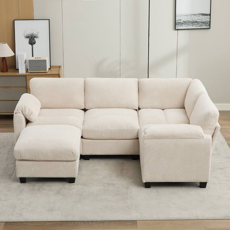 5-Seater Corduroy Sectional Sofa, Removable Ottoman, Modular Design