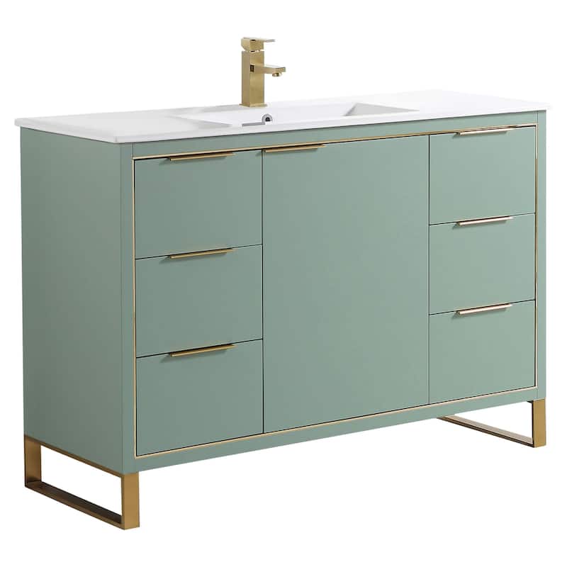 Fine Fixtures Opulence Collection Bathroom Vanity with White Ceramic Sink - 48 Inch - Mint Green - Satin Brass Hardware