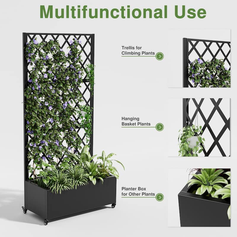 Raised Garden Bed Planter with Trellis Movable Planter Box with Lockable Wheels - 71*35
