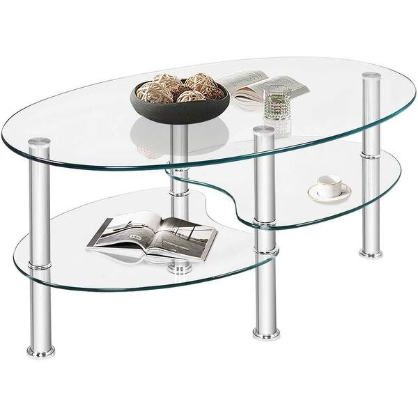 Oval Tempered Glass Coffee Table with Chrome Base and Open Storage ...