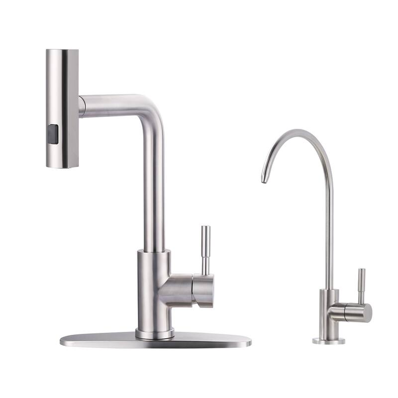 WOWOW Modern-Style Three-Function Pull-Down Kitchen Faucet with Filter Faucet - Brushed Nickel