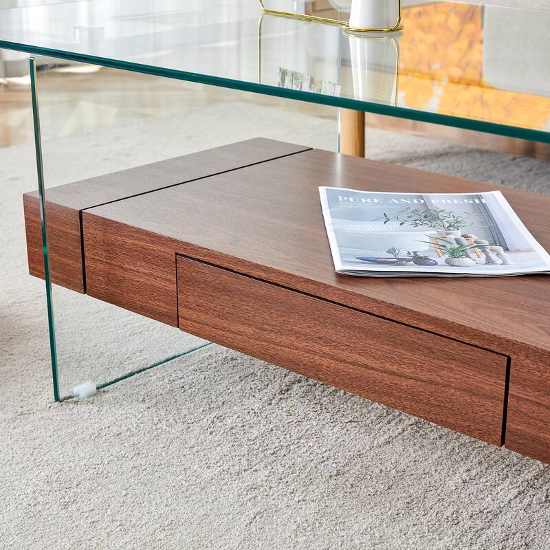 43.3 Inch Double Layer Coffee Table Storage Side Table with Open Storage Shelves, Drawers Glass Center Table End Table