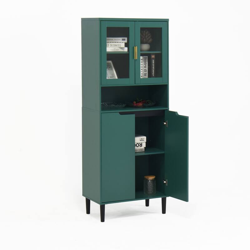 Tall Storage Show Cabinet with 2 Glass Display Door & 2 Doors, Kitchen Pantry Cabinet with Gold Handles，Cabinet Freestanding