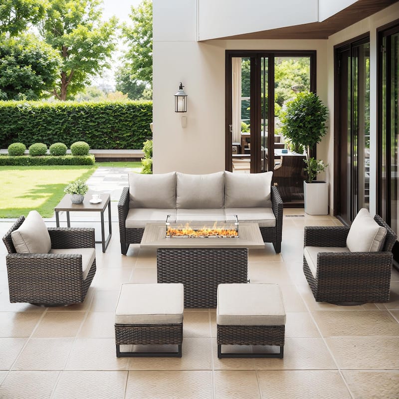 Outdoor Fire Pit Table with Patio Funiture - Brwon Wicker Beige Cushion - 7PCS Sofa Chair Ottoman w/ Fire Table