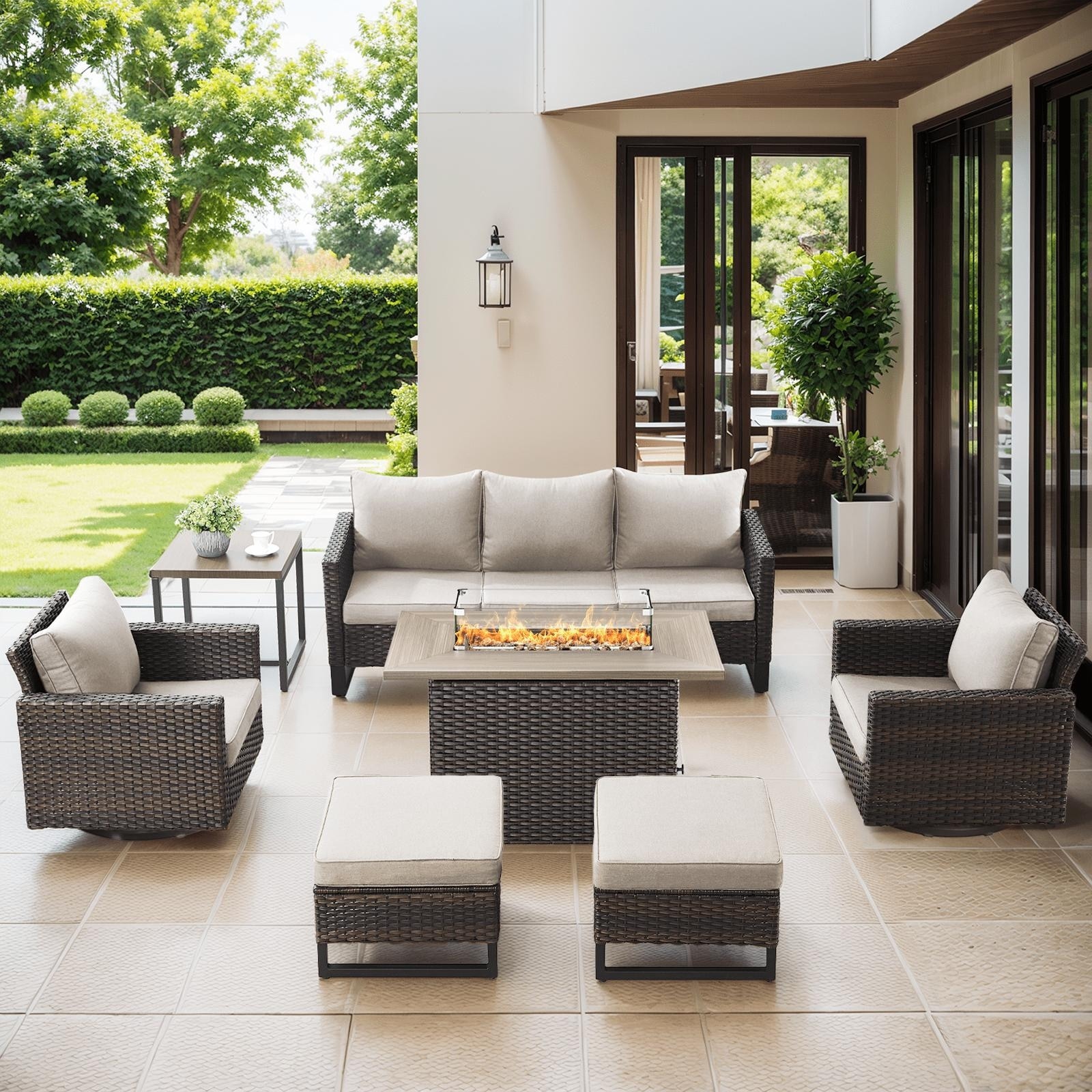 Outdoor Sofa Chairs Ottomans and Fire Table Brown-Beige - Brown