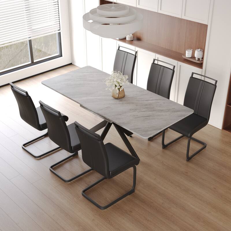 7-Piece Dining Table & Chairs Set with Expandable Dining Table and High Backrest Leather Dining Chairs