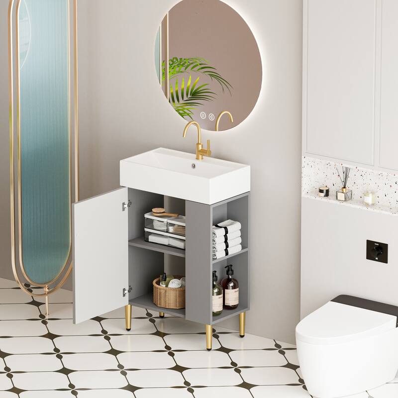 Open-shelving Bathroom Vanity with Ceramic Sink and Soft-Closing Door, Cloakroom Open Shelf Storage Cabinet on the Left Side