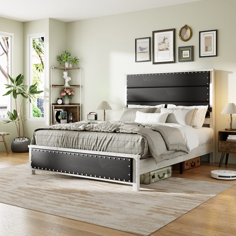 Queen Size Bed Frame with Charging Station and LED Lights