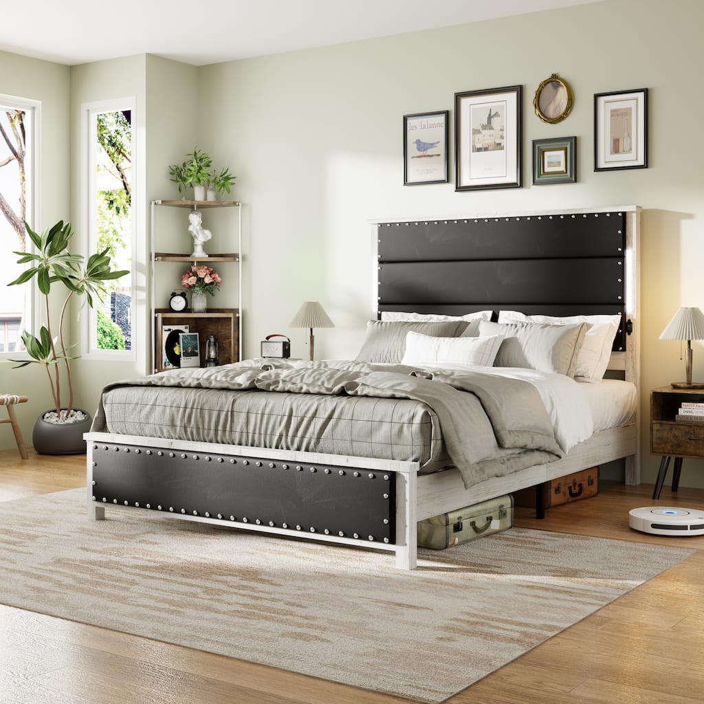 Queen Size Bed Frame with Upholstered Headboard, Charging Station, LED Lights, Dark Gray Faux Leather, Easy Assembly