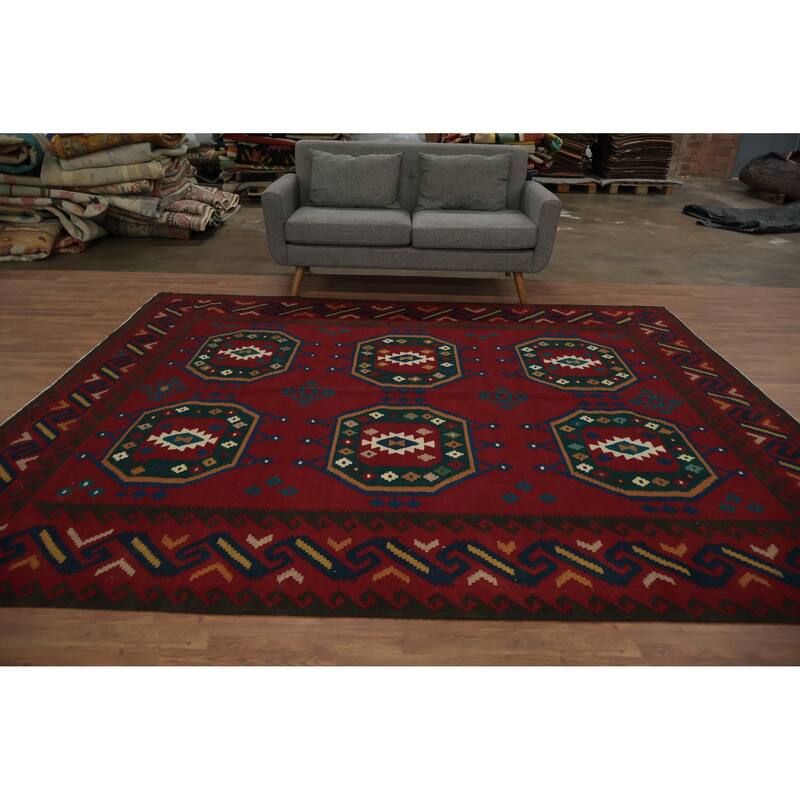 Hand Woven Oriental 100% Wool Carpet Southwestern Tribal Red Kilim Area Rug - 9' 11'' X 8' 6''
