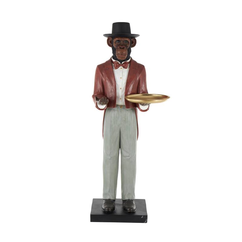 Red Resin Tall Waiter Monkey Decorative Sculpture with Gold Accent and Square Base