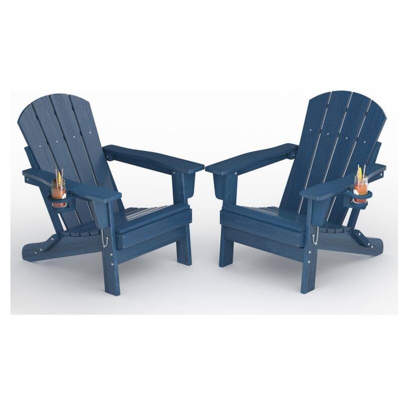2-Pack Folding Adirondack Chairs HDPE All-Weather Outdoor Seating with Cup Holder and Wood-Look Texture - Blue
