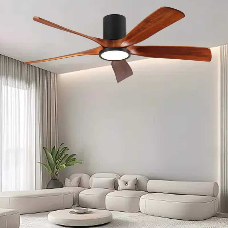 60" Ceiling Fan with Light, Flush Mount, 5 Solid Wood Blades, Quiet Reversible DC Motor, APP & Remote Control - Natural Wood