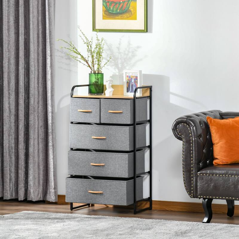HOMCOM 5-Drawer Dresser Tower 4-Tier Storage Organizer with Steel Frame Wooden Top for Bedroom Hallway Closets