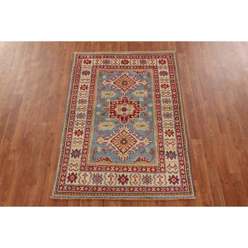 Light Blue Kazak Accent Rug Hand-Knotted Geometric Wool Carpet - 3'4"x 4'11"