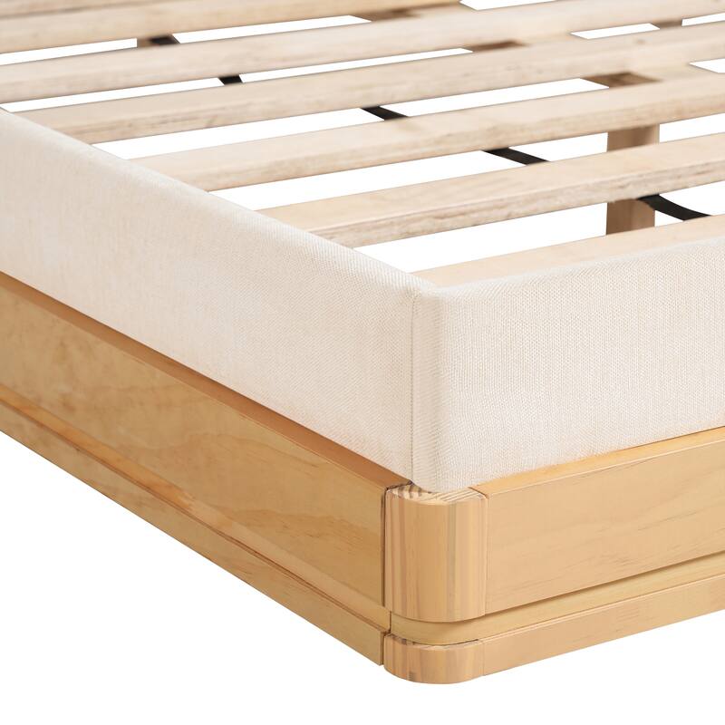 Wood Low Profile Bed Frame with Headboard, Mid-Century Floor Fabric Upholstered Bed Frame, Wood Slats Support, Beige + Nutural