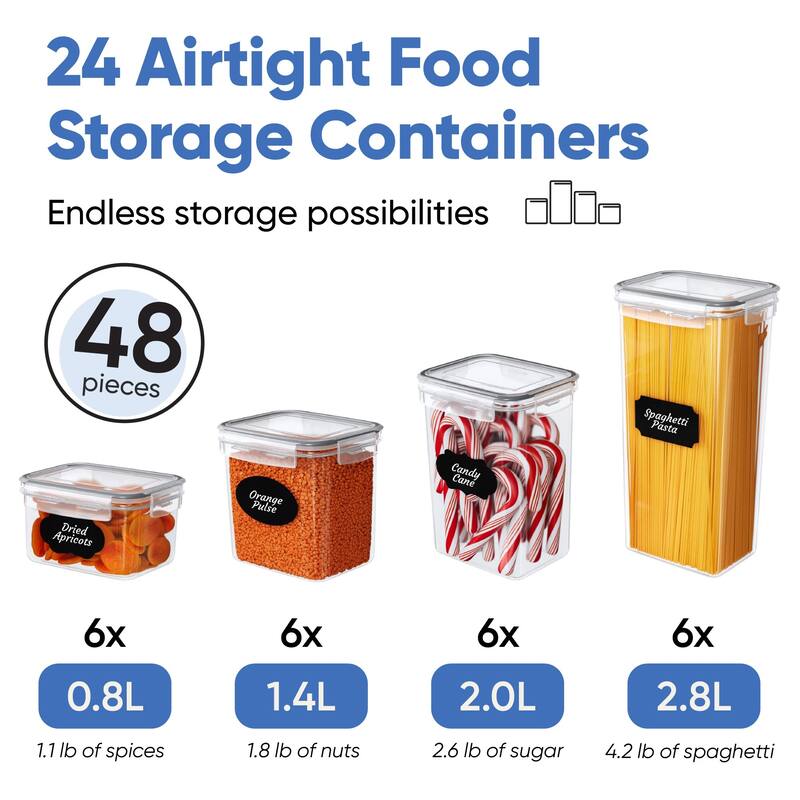 Airtight Food Storage Container Set 24 Piece, Kitchen & Pantry Organization, BPA-Free, Plastic Canisters with Durable Lids Ideal