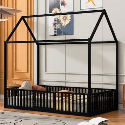 Black Twin Size Metal House Bed with Fence, Roof, and Door for Kids' Bedroom
