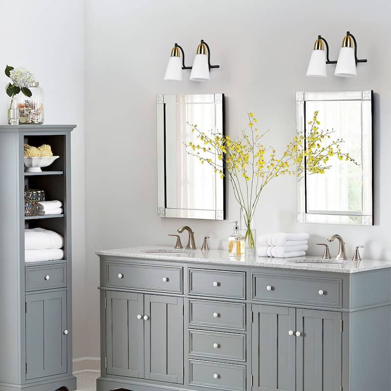 Modern Black Bathroom Vanity Light with Frosted Glass Shades & Gold Accent, Minimalist Wall Sconces