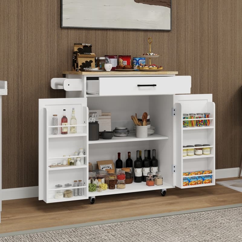 White Farmhouse Kitchen Island Cart with Drawer, Adjustable Shelves & Wheels