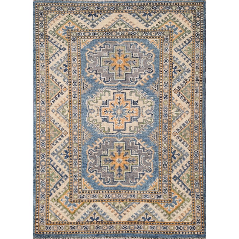 Blue Kazak Oriental Accent Rug Handmade Geometric Wool Carpet - 2'9"x 4'1"
