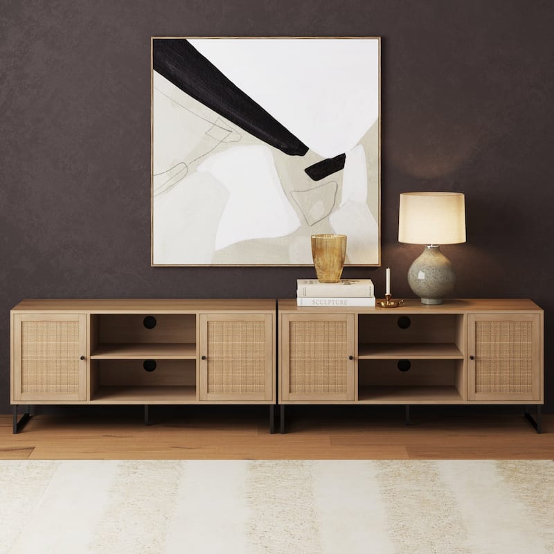 Nathan James Mina Modern TV Stand Entertainment Cabinet Media Console Oak Wood and Black Accents w/ Storage Doors
