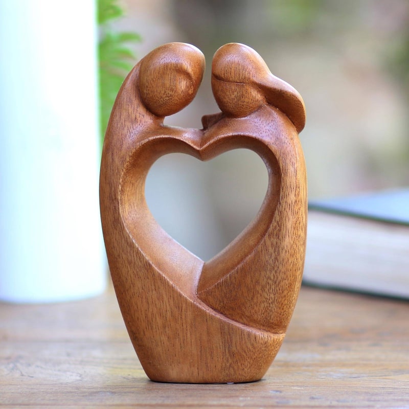 Wood sculpture, 'Loving Couple' - 7.75" H x 4.7" W x 1.2" D