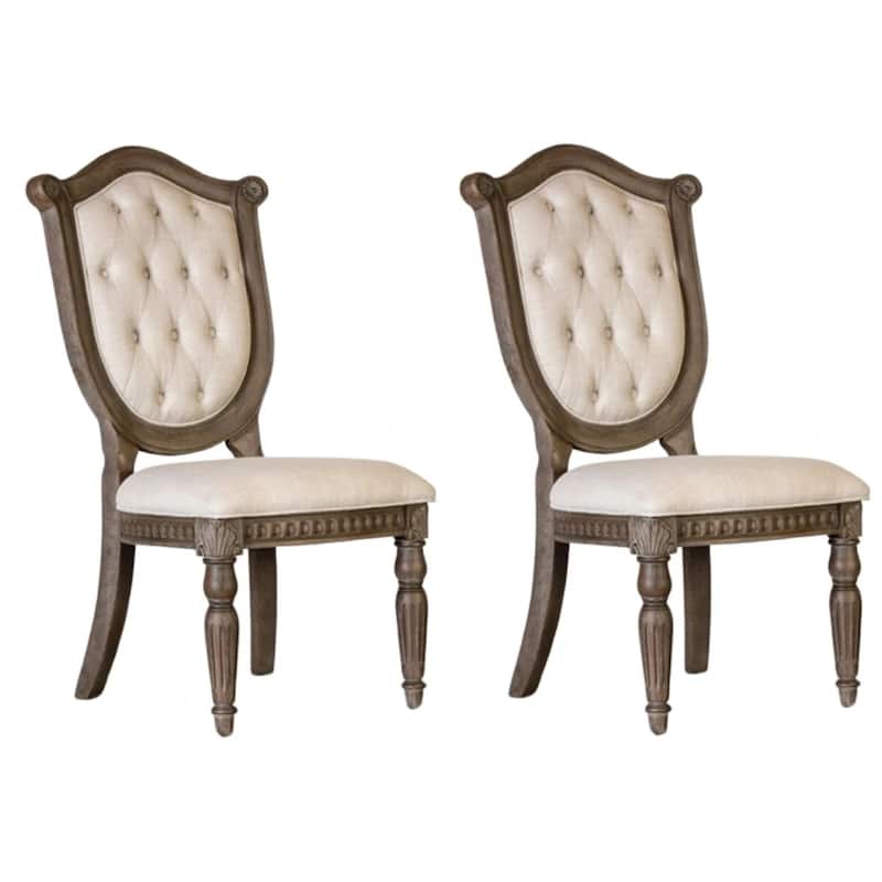 Hama Side Dining Chair Set of 2, Weathered Oak Wood, Tufted Beige Fabric