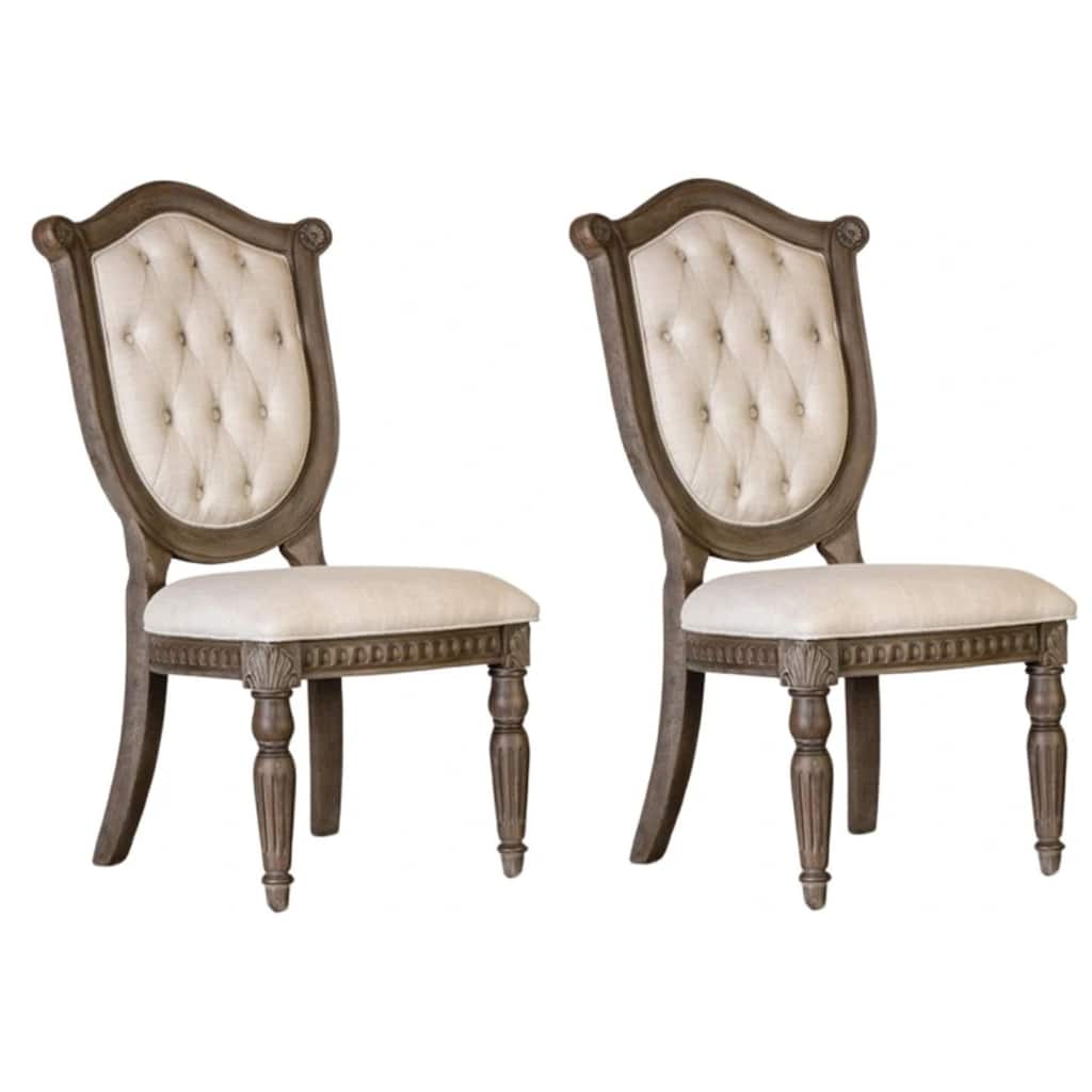 Hama Side Dining Chair Set of 2, Weathered Oak Wood, Tufted Beige Fabric