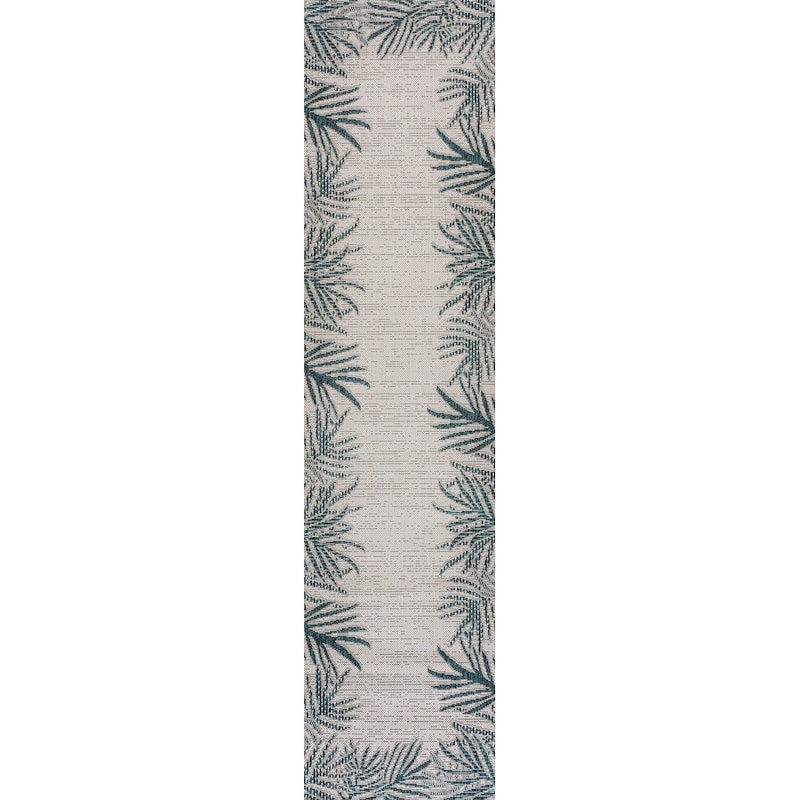JONATHAN Y Beckett Coastal Cottage Palm Frond Border Blue/Cream Indoor/Outdoor Area Rug - 2 X 8 - Blue/Cream