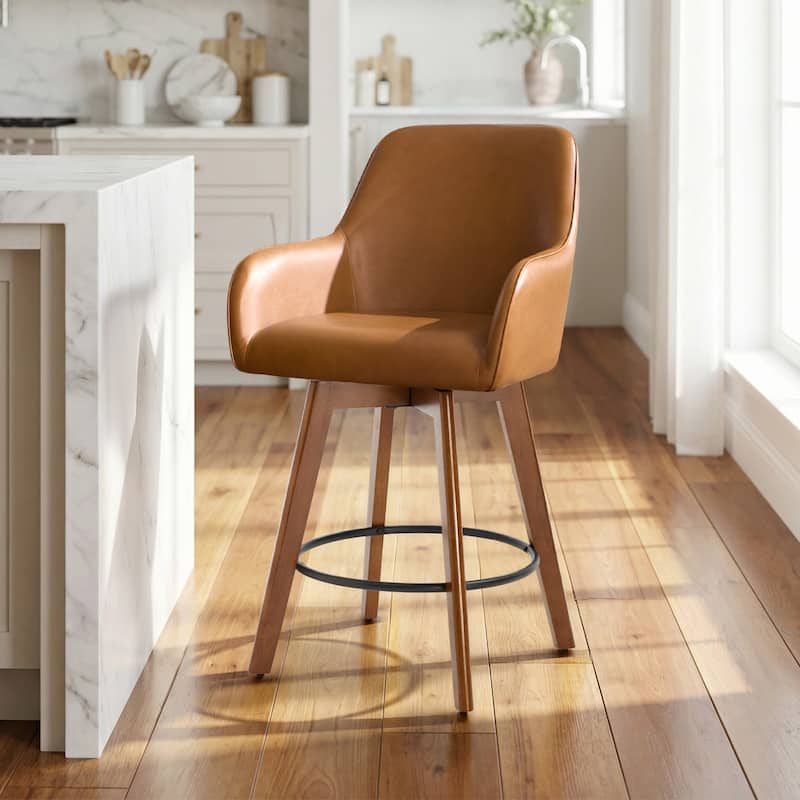 25 Inch Upholstered Swivel Counter Height Bar Stool with Armrests, Solid Wood Legs - 23.6"W x 22.4"D x 40.2"H