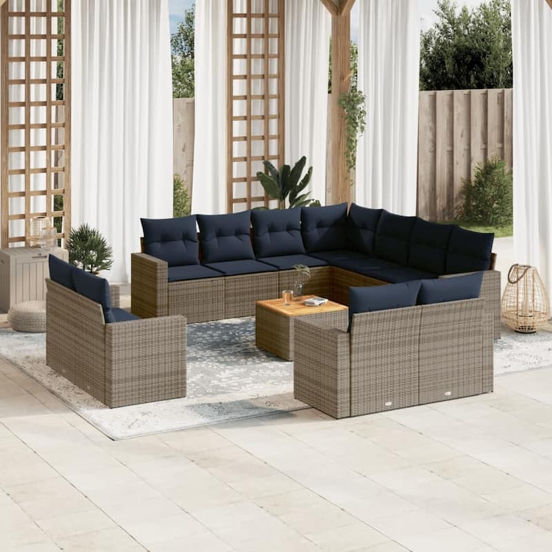 vidaXL 12 Piece Patio Sofa Set with Cushions Black Poly Rattan - 24.4" x 24.4" x 27.2" - Grey