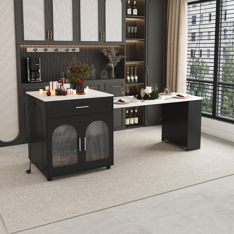 80-inch Expandable Kitchen Island with Dining Table, Marble-Grain Countertop, Mobile Storage Cart with Cabinet & 2 Drawers