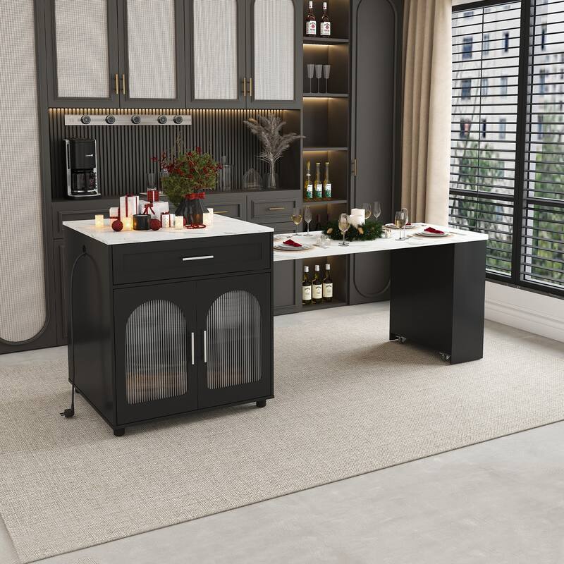 Kitchen Island with Expandable Dining Table, Mobile Kitchen Storage Cart on Locking Wheels, Kitchen Prep Table with Power Outlet