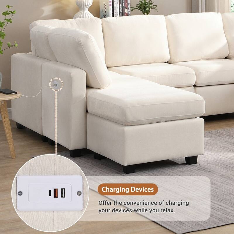 103" U-Shaped Free Combination Modular Sectional Sofa with Two Movable Ottomans and Three USB Ports